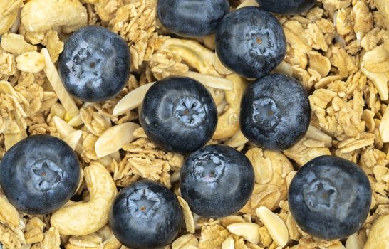 A bowl of fresh blueberries muesli with almond slices and cashew nuts. Closeup. Top view.