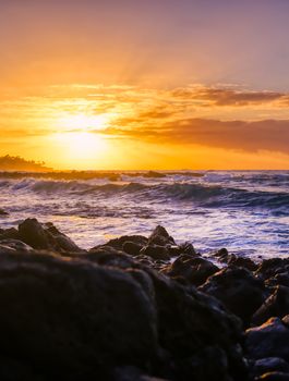 Sunrise over the coast of Kauai, Hawaii.