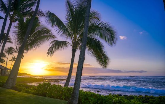 Sunrise over the coast of Kauai, Hawaii.