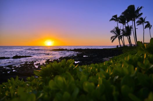 Sunset over the coast of Kauai, Hawaii.