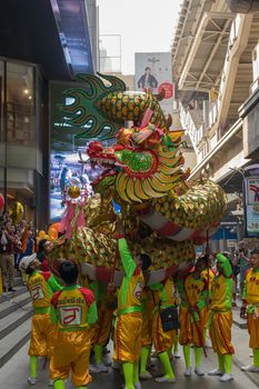 Bangkok, Thailand - February 8, 2016 : Dragon and lion dance show in chinese new year festival.