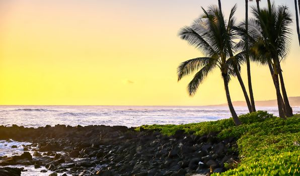 Sunset over the coast of Kauai, Hawaii.