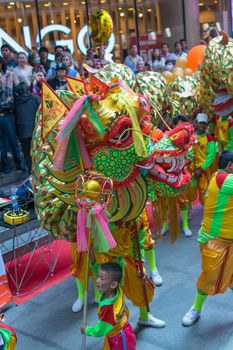 Bangkok, Thailand - February 8, 2016 : Dragon and lion dance show in chinese new year festival.