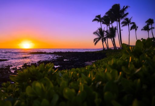 Sunset over the coast of Kauai, Hawaii.