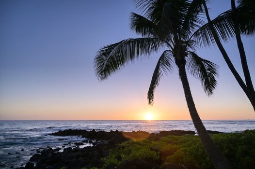 Sunset over the coast of Kauai, Hawaii.