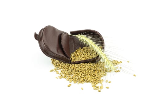 Open leather purse with wheat seeds spilling out onto a white background and ear of golden cereal on top in a conceptual grain price still life on white