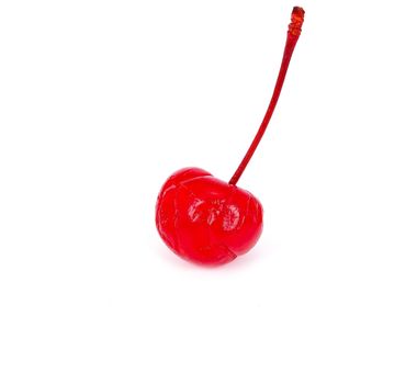 a single preserved red cherry with long stem, isolated on white background