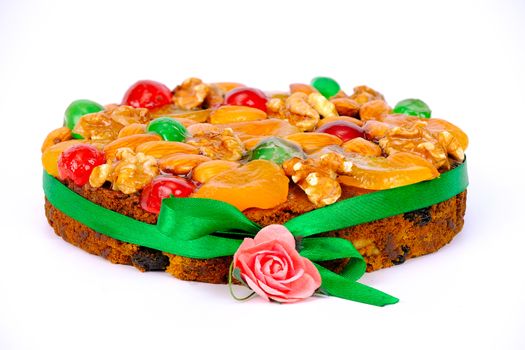 Christmas and New Year fruit cake, isolated on white background