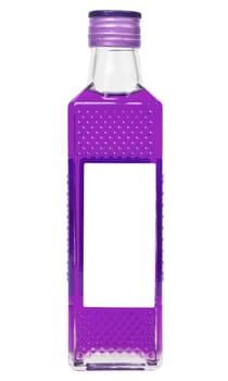 small rectangular glass bottle with purple liquid isolated on white background.