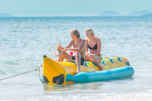 Rayong, Thailand - December 31, 2015 : Unidentified people travel at LaemMaePhim. This white sandy cape can be easily reached from city. Without large waves, the beach is nice for swimming.