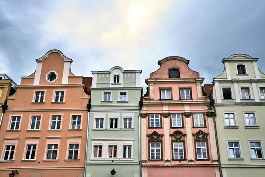 Facades of historic tenement houses on the market square in Jelenia Gora in Poland