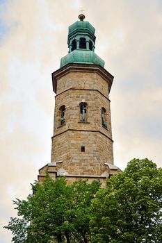 Medieval stone belfry of the historic church in Jelenia Góra in Poland