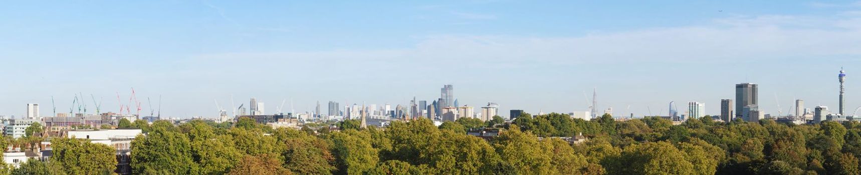 LONDON - CIRCA SEPTEMBER 2019: Wide panoramic view of London skyline seen from Primrose Hill, high resolution