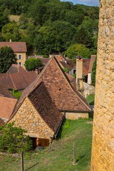 view from the medieval fortress Castelnaud Castle (Chateau de Castelnaud) in Dordogne valley, Perigord Noir region, Aquitaine, France