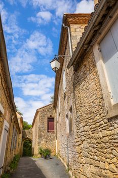 Limeuil, in the Dordogne-Périgord region in Aquitaine, France. Medieval village with typical houses perched on the hill, overlooking the confluence of the Dordogne and Vézère rivers