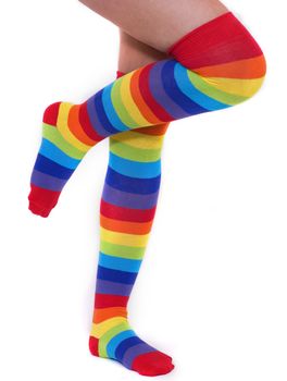 A pair of colourful rainbow over the knee stripy socks