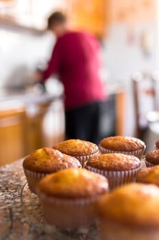 Batch of homemade freshly baked cupcakes or muffins cooling on a wire rack in the kitchen in a close up view with selective focus. Defocused blurry background. In the background the grandmother who has just cooked them.