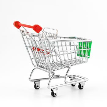 Italian shopping cart isolated on white background. Concept of crisis, purchasing power, taxes, economic difficulties.