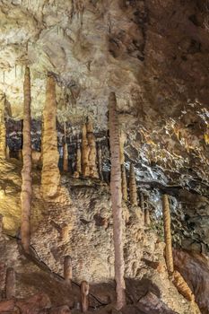 Han-sur-Lesse, Belgium - June 25, 2019: Grottes-de-Han 7 of 36. subterranean pictures of Stalagmites and stalactites in different shapes and colors throughout tunnels, caverns and large halls..