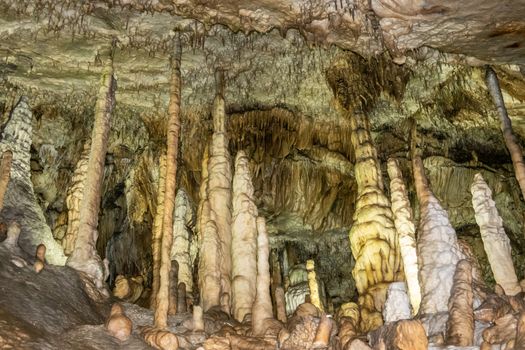 Han-sur-Lesse, Belgium - June 25, 2019: Grottes-de-Han 9 of 36. subterranean pictures of Stalagmites and stalactites in different shapes and colors throughout tunnels, caverns and large halls..