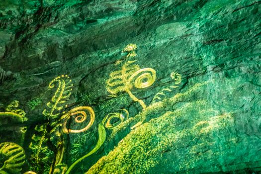 Han-sur-Lesse, Belgium - June 25, 2019: Grottes-de-Han 29 of 36. subterranean pictures of Stalagmites and stalactites in different shapes and colors throughout tunnels, caverns and large halls.. Lightshow.