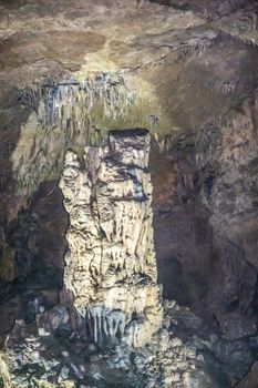 Han-sur-Lesse, Belgium - June 25, 2019: Grottes-de-Han 32 of 36. subterranean pictures of Stalagmites and stalactites in different shapes and colors throughout tunnels, caverns and large halls.