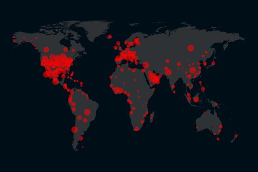 Coronavirus (COVID-19)  spread on black world map confirmed cases report worldwide with red circle