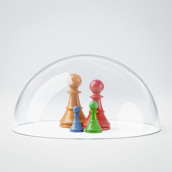 Four Colorful Wooden Chessmen Under a Glass Shield 3D Illustration, Family Protection Concept