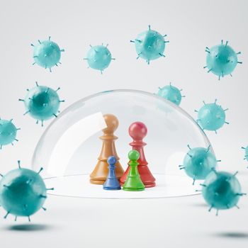 Four Colorful Wooden Chessmen Under a Glass Shield Shielded Against Virus 3D Illustration, Family Protection Concept
