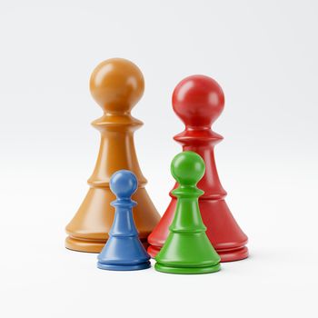 Four Colorful Wooden Chessmen on White Background 3D Illustration, Family Concept