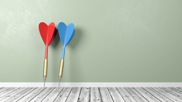 Two Red and Blue Darts on Wooden Floor Against Green Wall with Copy Space 3D Illustration