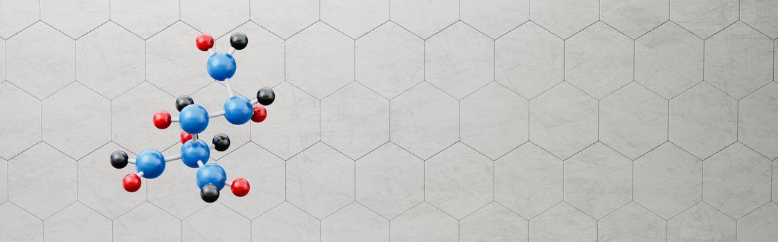 Molecule Shape Structure on Gray Hexagon Pattern Background with Copy Space 3D Illustration