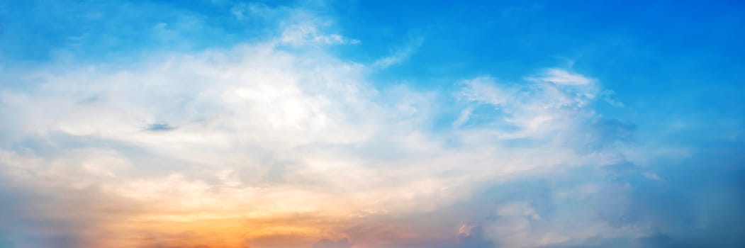 Dramatic panorama sky with cloud on sunrise and sunset time. Panoramic image.