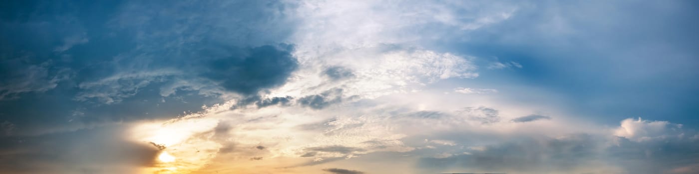 Dramatic panorama sky with cloud on sunrise and sunset time. Panoramic image.