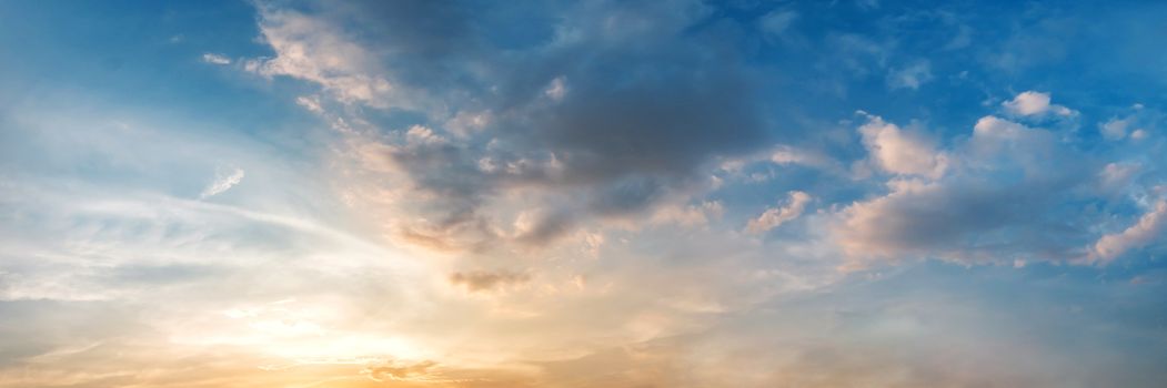 Dramatic panorama sky with cloud on sunrise and sunset time. Panoramic image.