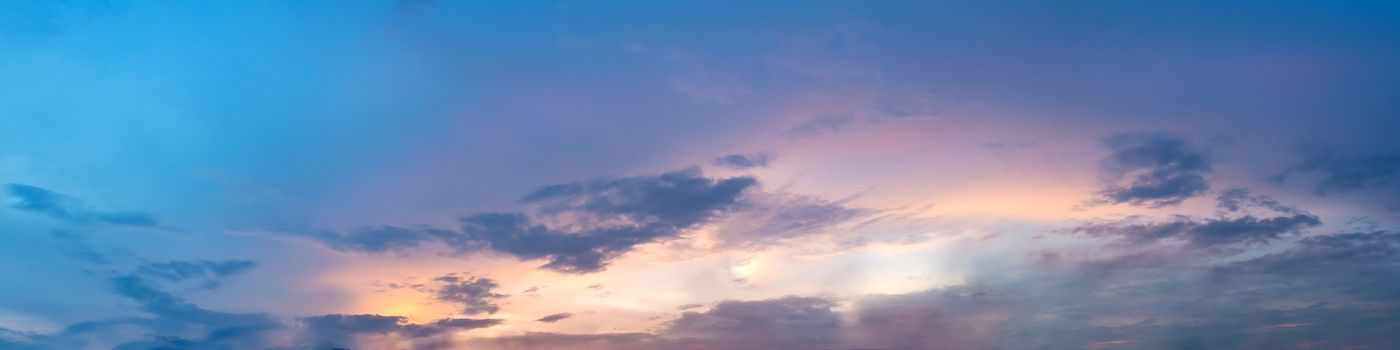 Dramatic panorama sky with cloud on sunrise and sunset time. Panoramic image.