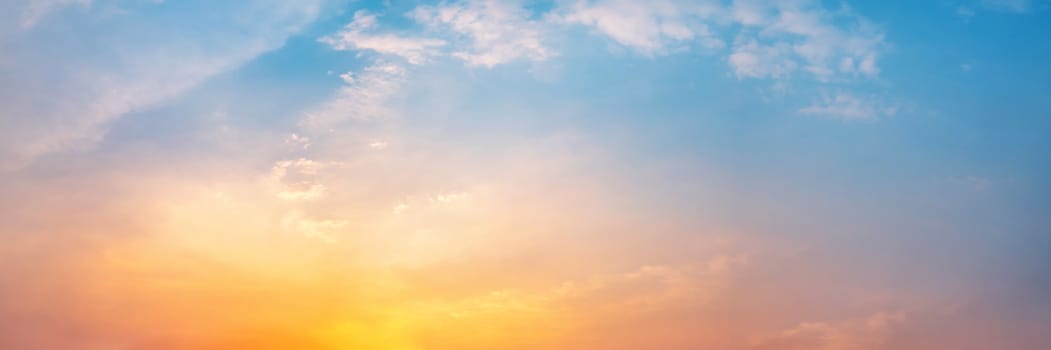 Dramatic panorama sky with cloud on sunrise and sunset time. Panoramic image.