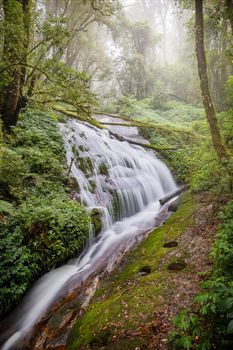 Water flowing at a beautiful waterfall at Inthanon nation park, Chiangmai, Thailand. Long exposure photography.