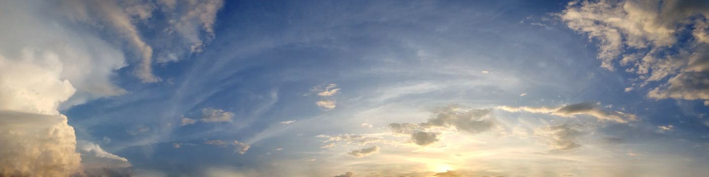 Dramatic panorama sky with cloud on twilight time. Panoramic image.