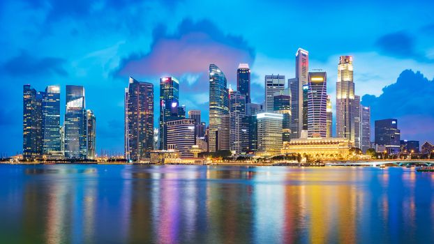 Singapore financial district skyline at Marina bay on twilight time, Singapore city, South east asia.