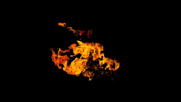 Fire flames on black background isolated. Burning gas or gasoline burns with fire and flames. Flaming burning sparks close-up, fire patterns. Infernal glow of fire in the dark with copy-space