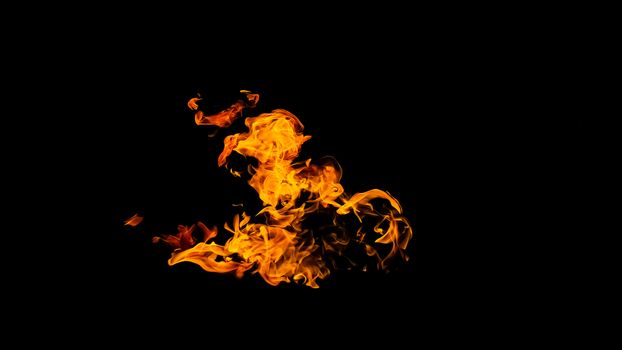 Fire flames on black background isolated. Burning gas or gasoline burns with fire and flames. Flaming burning sparks close-up, fire patterns. Infernal glow of fire in the dark with copy-space