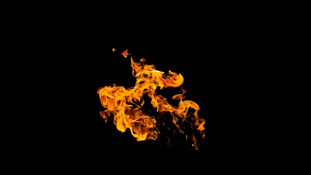 Fire flames on black background isolated. Burning gas or gasoline burns with fire and flames. Flaming burning sparks close-up, fire patterns. Infernal glow of fire in the dark with copy-space