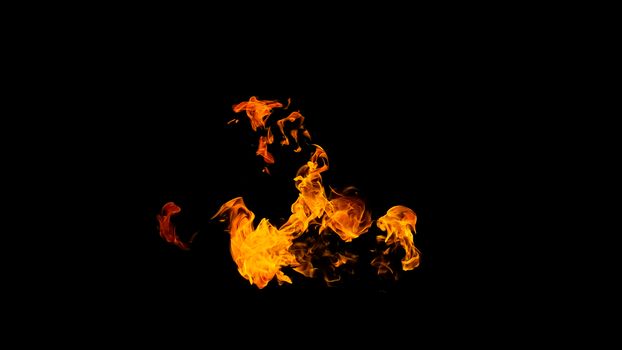 Fire flames on black background isolated. Burning gas or gasoline burns with fire and flames. Flaming burning sparks close-up, fire patterns. Infernal glow of fire in the dark with copy-space