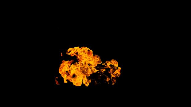 Fire flames on black background isolated. Burning gas or gasoline burns with fire and flames. Flaming burning sparks close-up, fire patterns. Infernal glow of fire in the dark with copy-space