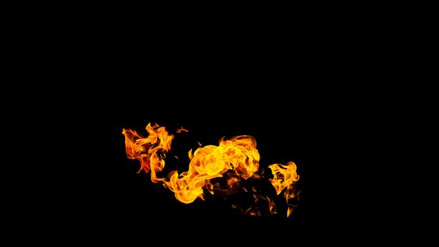 Fire flames on black background isolated. Burning gas or gasoline burns with fire and flames. Flaming burning sparks close-up, fire patterns. Infernal glow of fire in the dark with copy-space