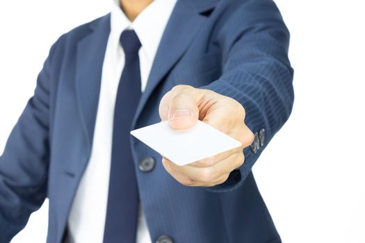 Businessman in Blue Suit Show Business Card or White Card in 45 Degree View Isolated on White Background for Design about Organization or Company