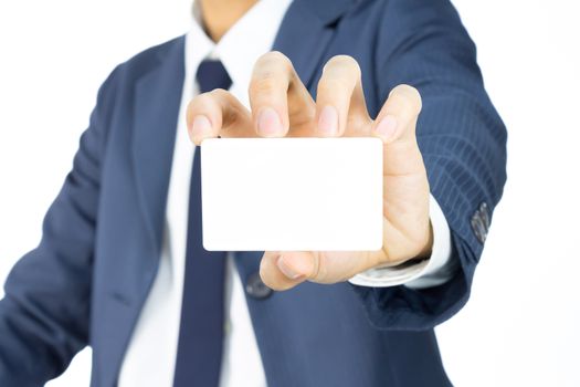 Businessman in Blue Suit Show Business Card or White Card Isolated on White Background for Design about Organization or Company