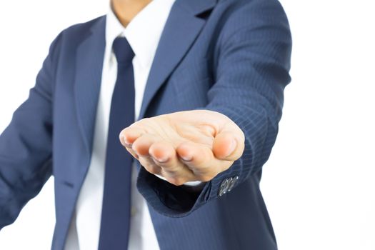 Opening Palm Hand of Businessman on Plump Style in Blue Suit Isolated on White Background. Concept about Giving or Seek.