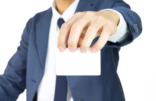Businessman in Blue Suit Show Business Card or White Card at Top of Card Isolated on White Background for Design about Organization or Company